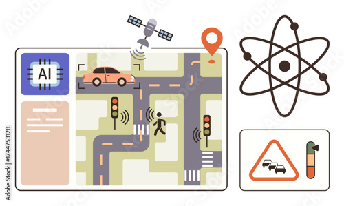 AI chip on map with a self-driving car, pedestrian, traffic signals, GPS marker, satellite, atom, congestion warning, and energy bar. Ideal for technology AI automation transportation safety