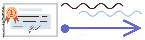 Award certificate with seal and signature, wavy lines symbolizing process, arrow indicating direction. Ideal for recognition, certification, career progress, education milestones, personal