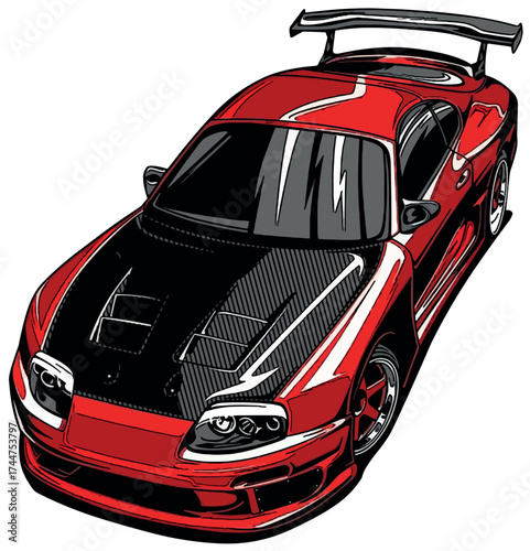 Dynamic vector illustration of a red and black sports car with an aggressive aerodynamic design, wide body kit, and large rear spoiler.