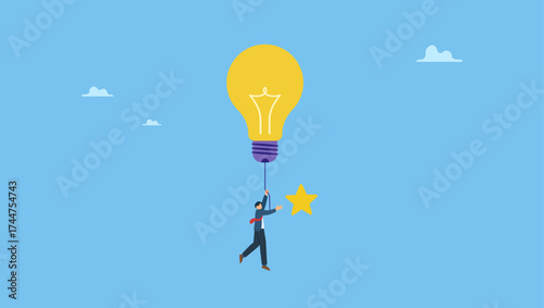 Smart businessman flying with lightbulb idea to catch star in the sky. Creativity or innovation to help reach business goal, lightbulb idea to success, leadership to get solution to achieve goal.