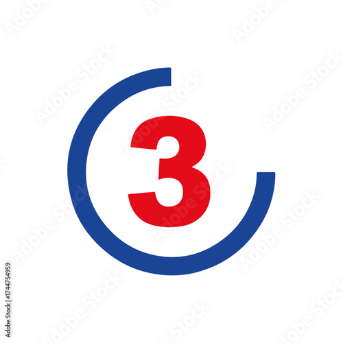Bold red number three within a blue partial circle design