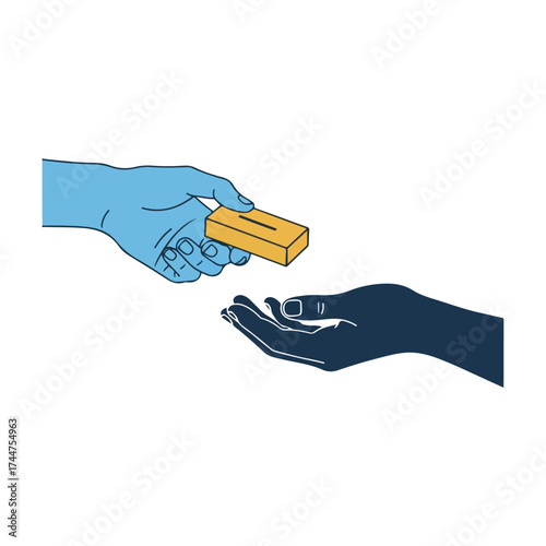 A light blue hand offers a yellow donation box to a dark blue receiving hand