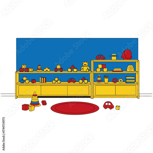 Bright and colorful playroom with various childrens toys and storage
