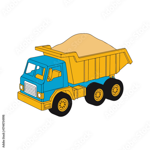 Brightly colored dump truck carrying sand on white background