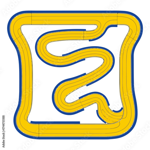 Dynamic slot car circuit with yellow lanes and blue borders