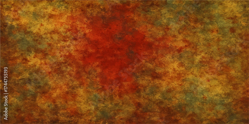 The vintage rusty metal background shows a fiery orange and brown grunge texture with a pattern of old paint