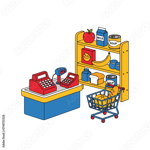 Isometric Grocery Store Checkout Counter and Shelf
