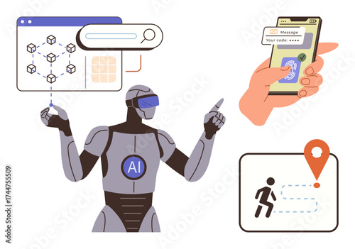 AI robot interacts with futuristic blockchain diagram. Biometric authentication via smartphone fingerprint scanning, and geolocation icon with navigation path. Ideal for apps, innovation, security
