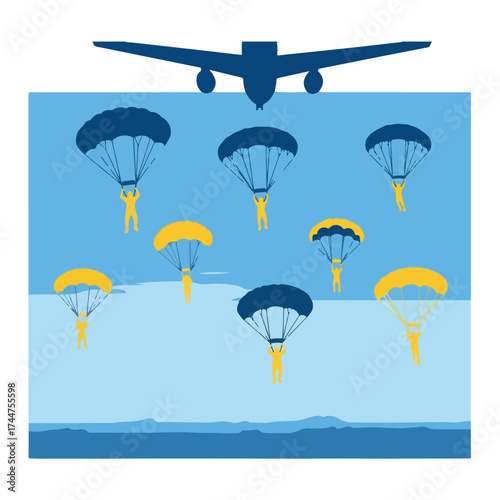 Silhouettes of parachuters descending from an airplane in the sky