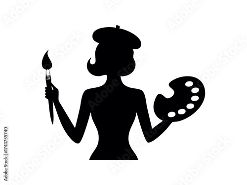 Vector silhouette of artist with brush and palette