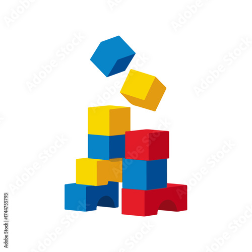 Vibrant red, blue, and yellow toy building blocks in motion