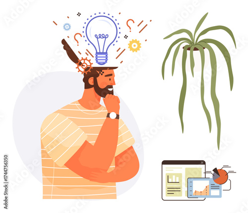 Man contemplating with light bulb above head signifying ideas, accompanied by plant, charts, and laptop screen. Ideal for innovation, ideation, creativity, sustainability, data analysis growth
