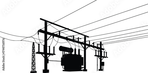 Black silhouette electricity power substation with transformers high voltage cables wooden poles and energy distribution system vector illustration design
