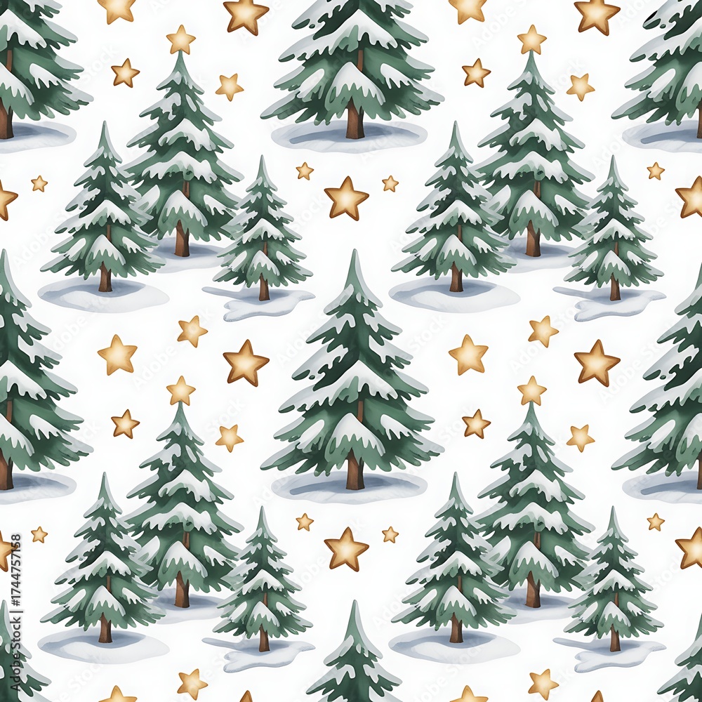 Obraz premium Whimsical watercolor seamless pattern of snow covered pine trees and golden stars on a white background