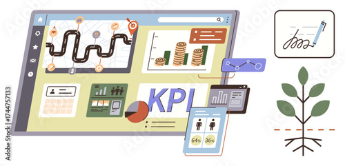 Dashboard displaying charts, KPI metrics, financial growth, mobile integration, strategic plan, signed agreement, and plant growth. Ideal for business, finance data strategy performance