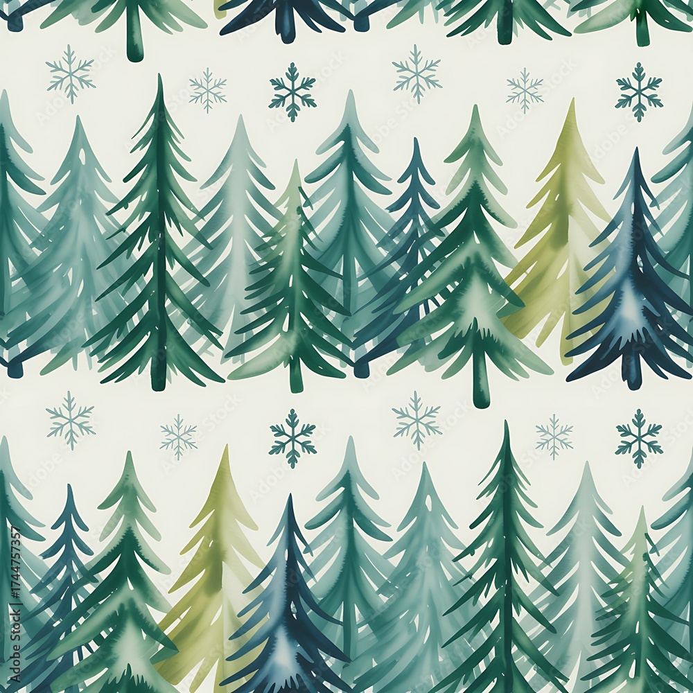 Obraz premium Whimsical watercolor forest of evergreen pine trees with delicate snowflakes seamless pattern