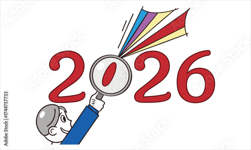 Man with magnifying glass reveals colorful future for the year 2026