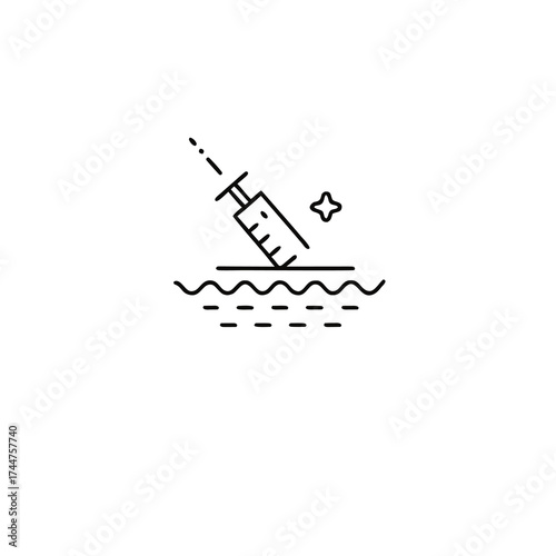 Injecting skin. Skin Injection Line Icon. Syringe and Structure of Skin Pictogram. Medical, Dermatology Treatment Vaccine, Filler, Hyaluronic Acid Symbol Collection isolated on white background.

