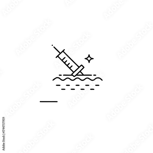 Injecting skin. Skin Injection Line Icon. Syringe and Structure of Skin Pictogram. Medical, Dermatology Treatment Vaccine, Filler, Hyaluronic Acid Symbol Collection isolated on white background.

