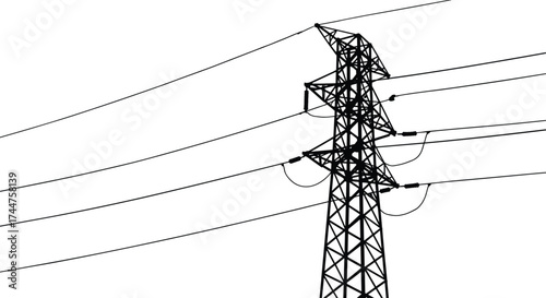 Black silhouette electricity transmission tower with power lines on white background energy infrastructure concept industrial engineering vector illustration