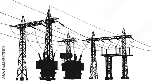 Black silhouette electricity power substation with transformers high voltage transmission towers and energy distribution network industrial infrastructure vector illustration