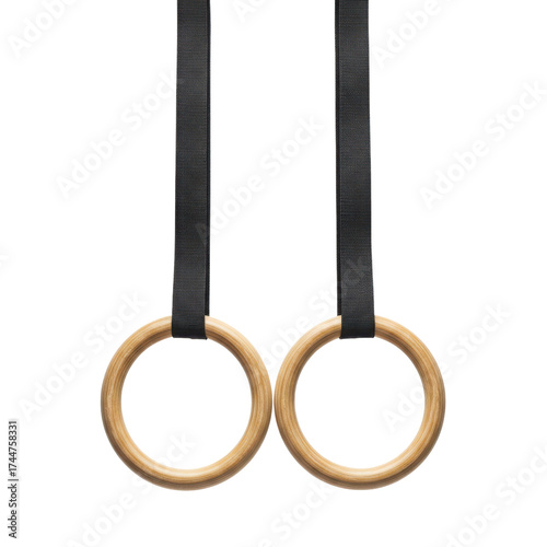 Pair of wooden fitness rings for cross training and gymnastics isolated on white background