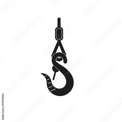 Lifting hook on white background. Black icon, lifting hook with rope. Lifting large loads. Industrial steel hook tower crane. Cran Icon, Tow Hook, Vector image.

