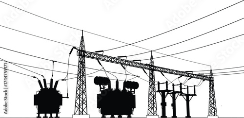 Black silhouette high voltage electrical power substation with transformers energy pylons and transmission lines industrial electricity infrastructure vector illustration