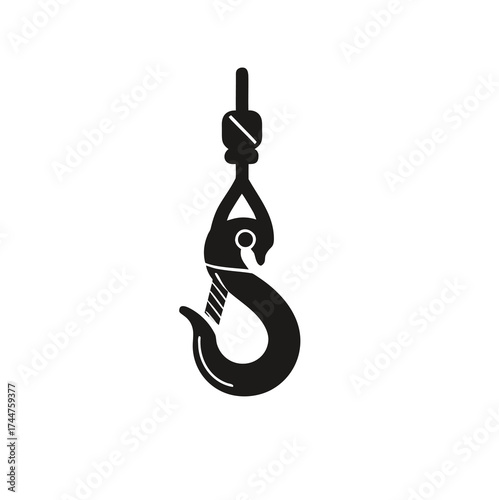 Lifting hook on white background. Black icon, lifting hook with rope. Lifting large loads. Industrial steel hook tower crane. Cran Icon, Tow Hook, Vector image.

