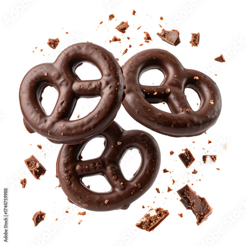 Chocolate Covered Pretzels in Mid-Air