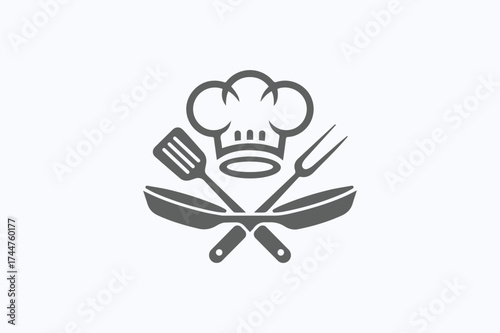 Chef Hat with Spatula and Fork Over Crossed Skillets Logo