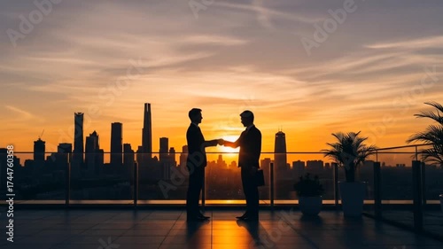 Business handshake sunset city skyline