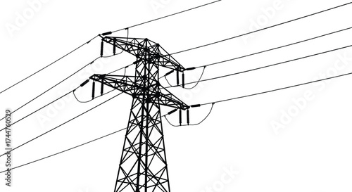 Black silhouette high voltage electricity pylon with power cables on white background industrial energy transmission and electrical engineering concept vector illustration