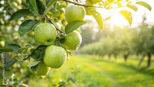 Foto Green Apple on tree in garden, Green Apples on tree in natural warm sunlight vie