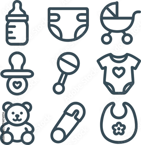 Baby essentials including diapering items, feeding supplies, clothing, and toys for use in baby care guides or nursery decor designs.