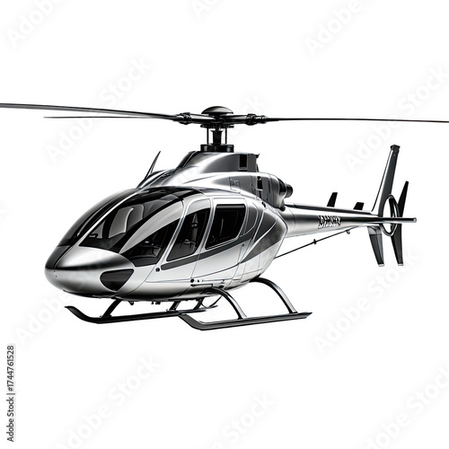 Silver helicopter angled, clear cockpit against a dark background