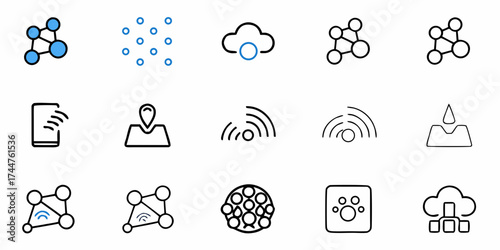 Smart technology icons representing cloud computing, networking, location services, and wireless connectivity for modern digital solutions and innovative applications