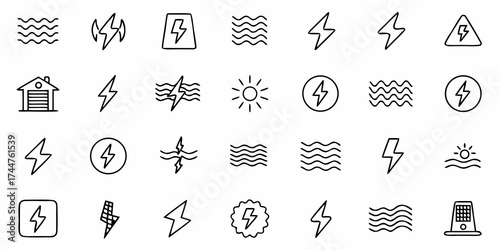Modern energy solutions icons for innovative projects, showcasing clean power, solar energy, and electrical sources in a minimalist style for sustainable future concepts