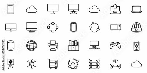 Modern technology and communication icons representing innovation, digital transformation, and connectivity solutions for global business networks and cloud computing