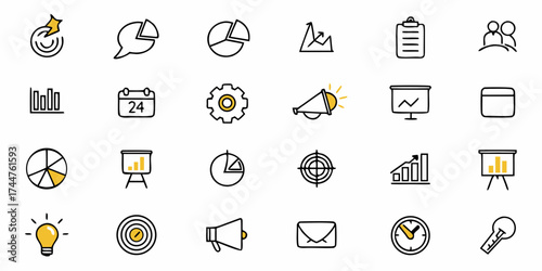 Dynamic business icon collection for presentations, marketing, and data analysis visual aids, perfect for modern finance, strategy, and project management concepts