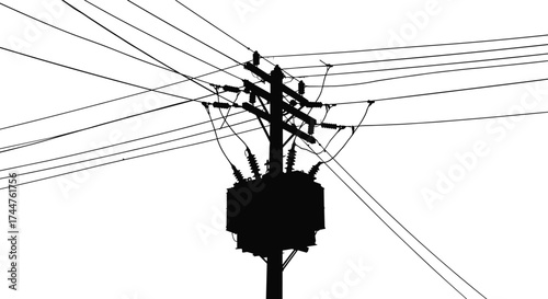 Black silhouette illustration of electric power pole with transformer and multiple high voltage wires on white background for energy concept