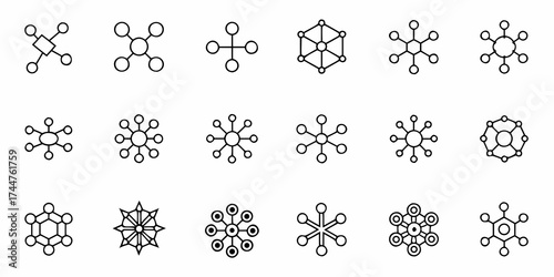 Diverse molecular structures and network connections illustrated as modern icons, perfect for representing data, science, or complex systems with clarity and precision.