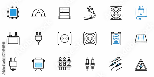 Dynamic collection of modern technology and energy icons representing electricity, components, and power solutions for digital and sustainable projects
