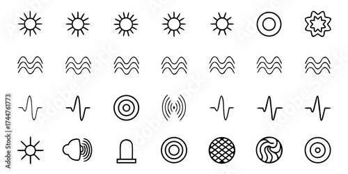 Diverse collection of simple line icons featuring suns, waves, sound waves, targets, and abstract symbols representing weather, audio, and signals for modern design projects