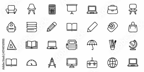 Collection of diverse business and education icons including laptops, books, globes, and stationery essentials for modern professional and academic presentations and designs