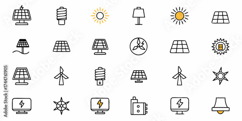 Dynamic collection of renewable energy icons featuring solar panels, wind turbines, and sun symbols, perfect for clean power concepts and sustainable technology presentations.