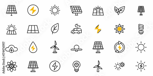 Vibrant collection of clean energy icons showcasing solar panels, wind turbines, sun, lightbulbs, and electric car symbols for a sustainable future presentation