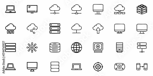 Modern technology icons depicting cloud computing, servers, laptops, and network connections for digital innovation and data management