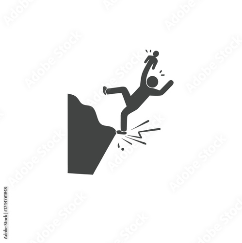 Beware of edge. Risky edge fall in hill. Beware of sharp cliff warning. Watch out for rock falls icon. Person falls on a turning cliff. Monochrome black and white symbol vector illustration. Pictogram