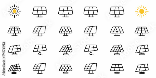Dynamic solar panel icons and sun illustrations showcase clean energy innovation for modern projects, perfect for eco friendly branding and educational materials